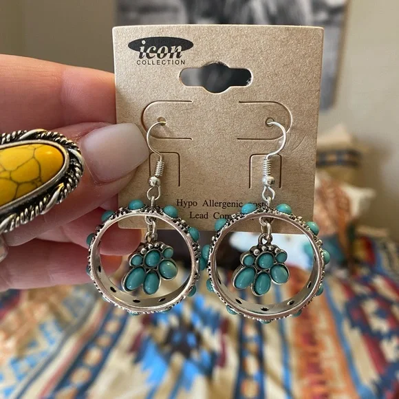 brand new silver and turquoise hanging hoop earrings - Picture 2 of 3